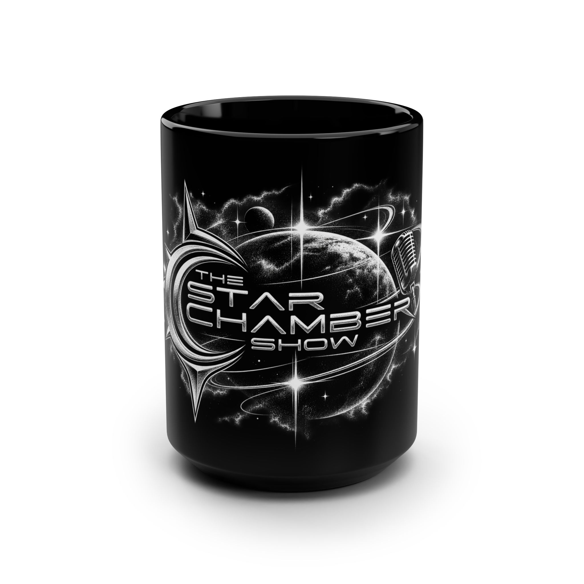Star Chamber Show 15oz Black Mug — Cosmic Logo Coffee Cup